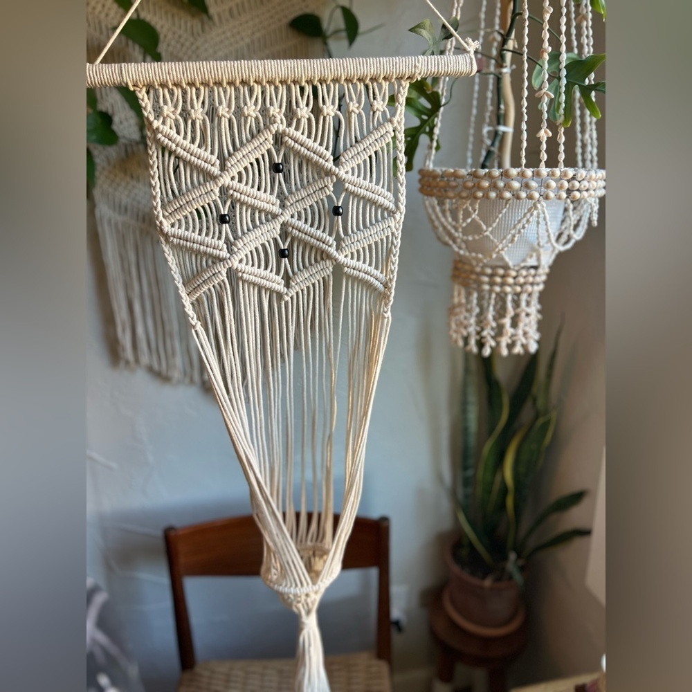Vintage Macramé Plant Hanger • Boho Hanging Planter • Woven Cotton Plant Holder